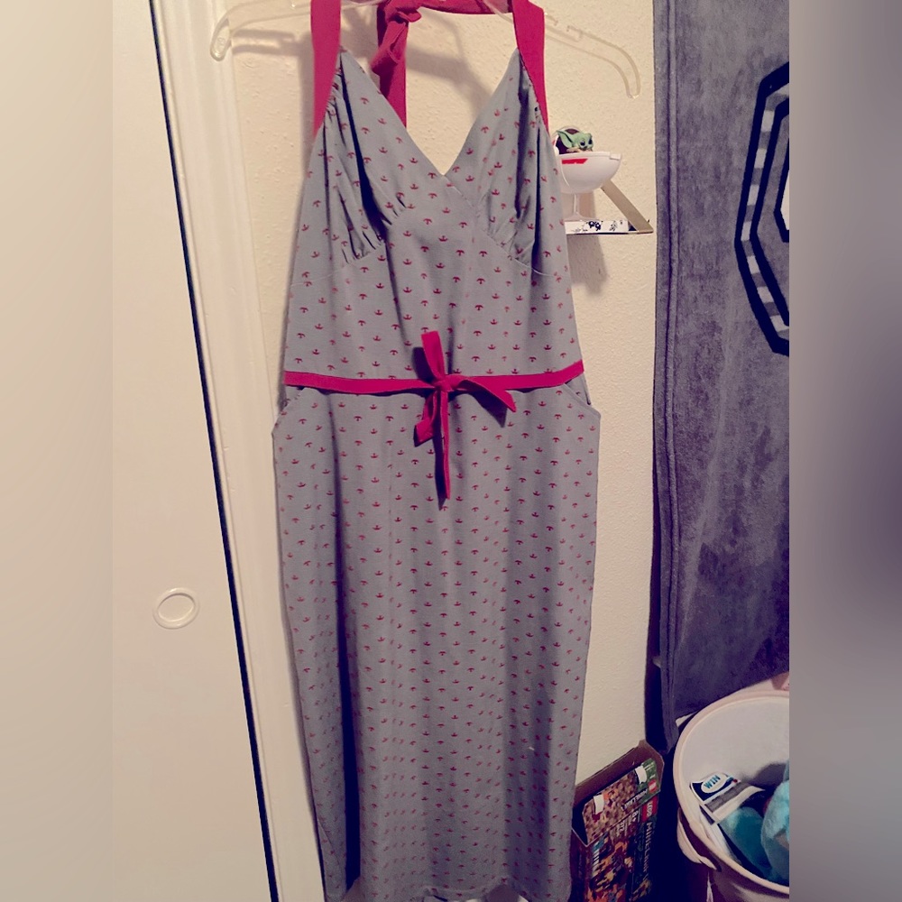 Tatyana halter grey and red anchor print retro pinup dress. Comes with bolero.